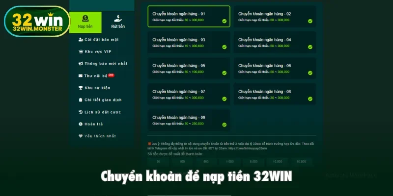 Chuyển khoản để nạp tiền 32WIN